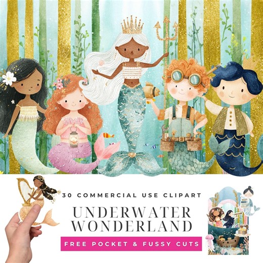 Underwater Wonderland Clipart Bundle, Watercolor Mermaid Illustrations, Diverse Merfolk Ocean, Jellyfish Coral Sea Fantasy Designs Download - Etsy