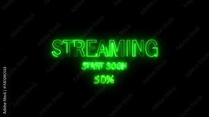 Neon streaming start soon text along a loading bar in blue and pink color with reflection on black background