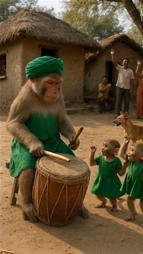 Green Dress Monkey Drum Party in Village | Funny Dancing Monkeys Show 🎶 #monkeygohappy
