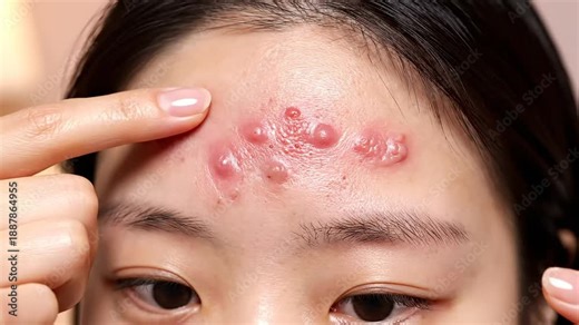 Detailed extreme closeup of a young woman struggling with severe cystic acne on her forehead requiring medical intervention.