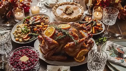 A beautifully set Thanksgiving dinner table with a roasted turkey and various side dishes.