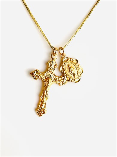 Gold Crucifix Necklace: Sterling Silver Mary Miraculous Medal, Catholic Jewelry, Box Chain - Etsy