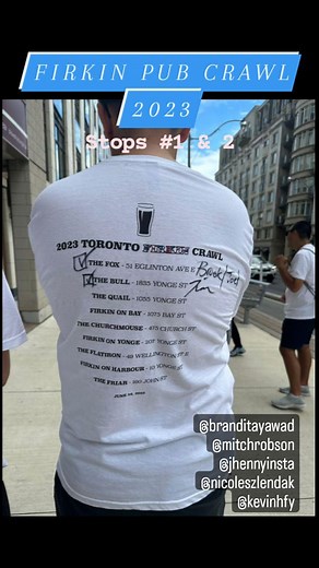 Oh my god... with T-Shirts and everything! Fantastic! #FirkinPubCrawl2023 @branditayawad @mitchrobson @jhennyinsta @nicoleszlendak @kevinhfy Stop #1: The Fox & Firkin 51 Eglinton Ave. E. Stop #2: The Bull 1835 Yonge St. | The Firkin Group of Pubs Canada