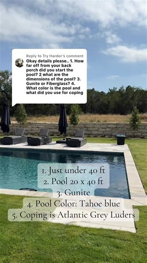 13 reactions · 8 comments | Pool Details Porch ➡️ pool ~40ft Pool dimensions 20x40 Gunite pool in stonescapes Tahoe blue Coping & Matching Tile is Atlantic Gray . . . . #pool #backyard #poolsofinstagram #backyardinspo #backyardoasis #mybackyard | Christin Mills | Facebook