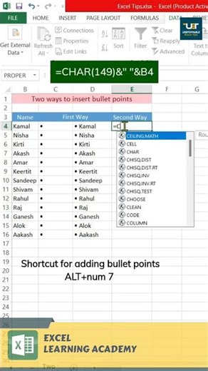 Two ways to insert bullet points in excel