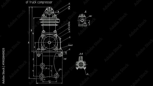Video animation with assembly drawing of truck compressor with dimension. Animated motion effect. Engineering automotive mechanical blueprint. Technology cad design of machine building industry.
