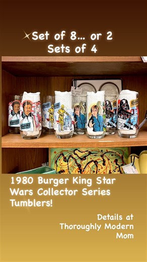 Thoroughly Modern Mom - Vintage Mid Century Thrift Home Decor on Instagram: "✨FOR SALE!✨ Set of 8 … or 2 Sets of 4 - 1980 Burger King Star Wars Collector Series Glasses! Graphics are crisp and beautiful, zero chips or cracks! There are 2 of each - total of 8. These are currently in my shop. I ship coast to coast via Pirate Ship every day. Set of 8 - 1980 Burger King Star Wars Glasses - $95 Set of 4 - $48 US Shipping from VA calculated on buyer’s zip. If purchasing online, I accept Venmo / PayPal