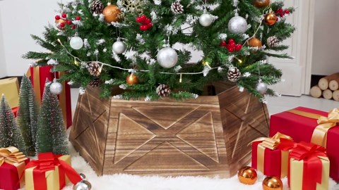 Wooden Christmas Tree Collar Box - 22In Rustic Skirt, Vintage Weathered Wood Decor, 4-Piece Base Cover, Fits Below 20.5" Stands, White