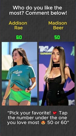 Addison Rae (60) vs Madison Beer (50) 💥 | Who’s Your Favorite? Vote Below! 👇#AddisonRae #MadisonBeer