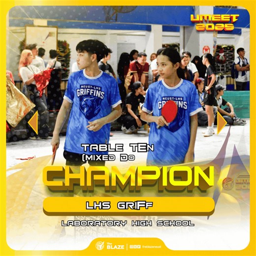 𝗨𝗠𝗘𝗘𝗧 𝟮𝟬𝟮𝟱 | Mixed Doubles Table Tennis Finals LHS Griffins duo Aidriel Bandoc and Julien Antonio battered COED Blazing Eagles mixed duo Jaspher Benosa and Mia Marquez by three set wins over four, 11-7, 11-7, 9-11, 11-9 for the championship in Mixed Doubles Table Tennis Finals at DAGRMH, General Tinio Campus. --- ‎✒️ Jazz Ashley De Guzman | The Blaze - The Official Student Publication of NEUST