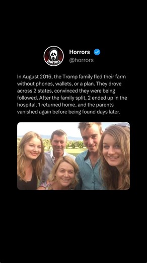 Horrors on Instagram: "As the days unfolded, the situation grew more disturbing. One daughter was found wandering disoriented in New South Wales, while a son turned up at a rural hospital dehydrated and confused, claiming the family was being pursued. Another daughter managed to make her way back to the family farm alone, offering little explanation for what had happened. The parents, Mark and Jacci Tromp, disappeared a second time after briefly resurfacing, triggering a nationwide search. When 