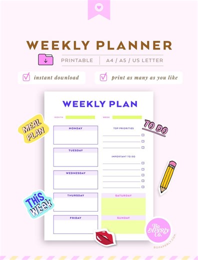 Weekly Planner Printable, Digital Download Planner Insert for Everyday Home & Business Planner - Etsy