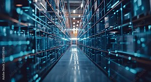 Modern warehouse with advanced warehouse management system characterized by digital overlays and data connections. Visual representation of data connections integrated system wit real-time information