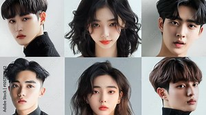 Six young korean people display various hairstyles and expressions, highlighting contemporary fashion. Collage