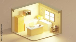 3D loop of cartoon low poly yellow kitchen with window. Isometric view