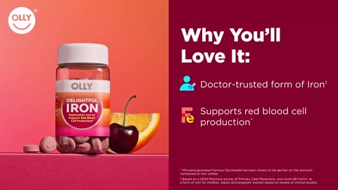 OLLY Delightful Iron Chewable Tablet, Iron Supplement from AB Fortis, Fruit Punch Flavored, 30 or 20 Day Supply - 60 Count