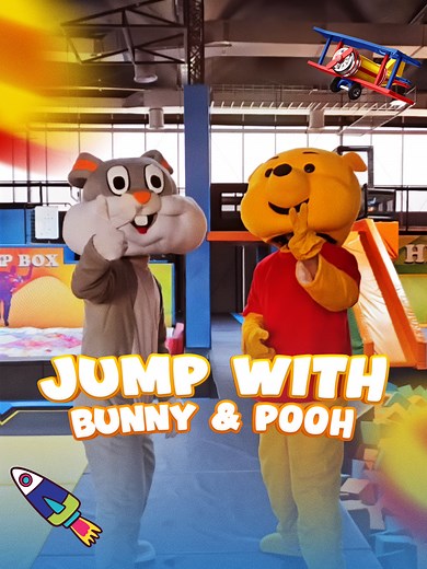 Nothing is more important than the epic challenge between Winnie the Pooh & Bugs Bunny. 🫣🤩 📌 Our Address: is RAK Corniche, Khaimah, United Arab Emirates. #flyzone #jumping #trampoline #trampolinpark #uae