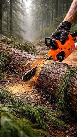 Mini Chainsaw Cutting a Cedar Tree After Heavy Rain