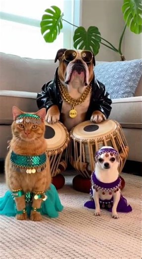 Chihuahua, Bulldog Drummer, and Cat Belly Dancing #chihuahua #funny #funnyanimals #pitbull