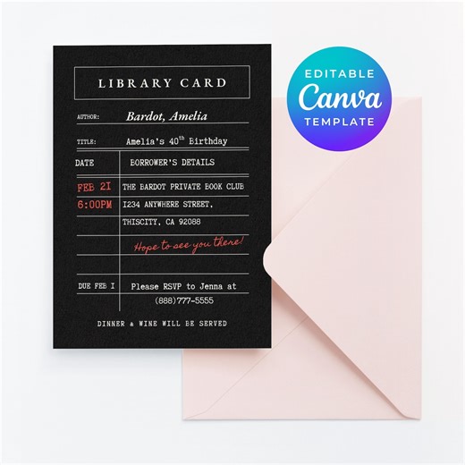 Library Card Birthday Invitation, Canva Editable Template, Book Party Invite, Printable Download, 40th Birthday Party, Digital Download 0153 - Etsy UK