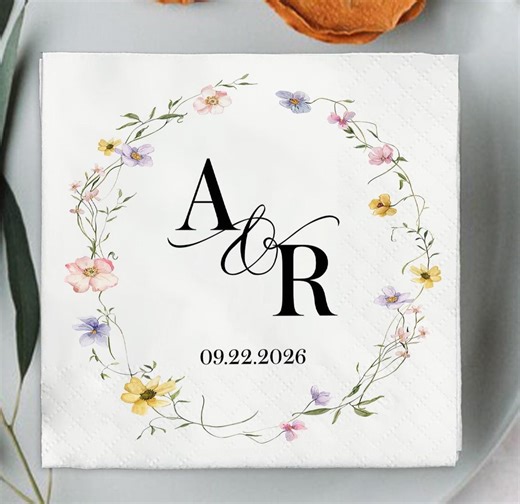 Wildflower Wedding Napkins, Personalized Party Cocktail Napkins, Party Decoration, Bridal Shower, Wedding, Anniversary - Etsy