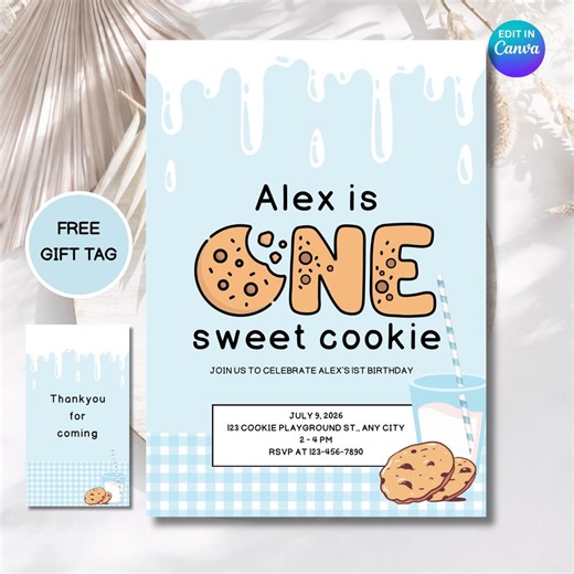 One Cookie Birthday Invitation Template, Milk and Cookies Party Invite, Editable Canva Instant Download
