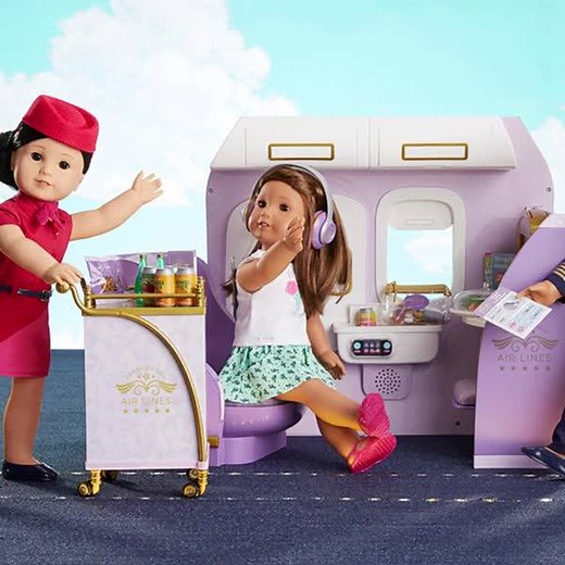 Sit back, relax, and enjoy first-class service on American Girl Air Lines. ✈️ The seat really reclines and the inflight entertainment system has four screens that play different sounds. https://bit.ly/3dVEbPX | American Girl