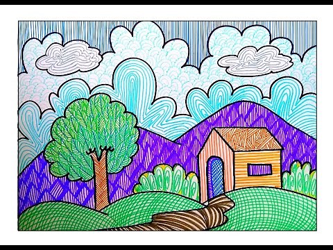 SCENERY USING LINE PATTERN DRAWING | LINE LANDSCAPE DRAWING | TEXTURE DRAWING SCENERY