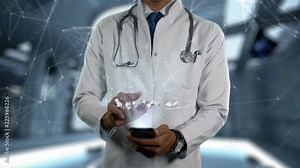 MEGESTROL ACETATE - Male Doctor With Mobile Phone Opens and Touches Hologram Active Ingrident of Medicine