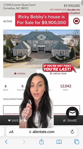 Ricky Bobby’s house is for sale for nearly 10 million dollars on Lake Norman just north of Charlotte NC. 📍17240 Connor Quay Ct, Cornelius NC 28031 List Price: $9,900,000 List Agent: Kandi Lowe, Re/Max Executive #realtor #ncrealtor #charlottenc #luxuryrealtor #realtortok #zillow #listingagent #luxuryhome #rickybobby #shakeandbake #waterfront #LakeNorman #LakeNormanNC #LKN #greenscreen