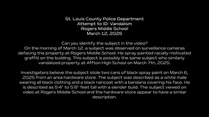 UPDATE ON THE CLOWN SPRAY PAINTING RACIST GRAFFITI Here’s more information about the suspect wanted in connection with racially motivated graffiti painted at two area schools. While the subject is dressed in dark clothing, pay close attention to things like his walk and mannerisms as well as his reflective clothing. Anyone who recognizes this individual is asked to call Detective Stickman through our Bureau of St. Louis County Police Communications at 636-529-8210. Please do not leave tips in th