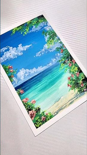 Tropical Beach Drawing Easy | Tutorial Mudah Gambar Pemandangan Pantai dan Bunga