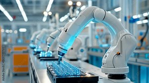 Robotic arms assembling components in a state-of-the-art manufacturing facility