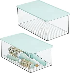 mDesign Stackable Plastic Bathroom Storage Box, Hinge Lid, Container for Organizing Soap, Body Wash, Shampoo, Conditioner, Hand Towels, Hair Accessories, Lumiere Collection, 2 Pack, Clear/Mint Green