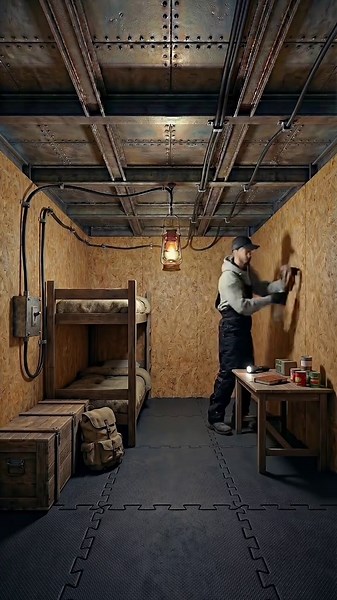 built a hidden underground survival bunker in the snow. It started with nothing but a marked circle on the frozen ground. Then the digging began — layer by layer, deeper and deeper into the frozen earth. Steel frames were installed to support the ceiling structure. The bunker opening was reinforced and covered. A wooden hatch was built and hidden under the snow. The entrance was sealed and camouflaged so it disappears into the winter landscape. Inside the bunker: Gray gravel was spread across th