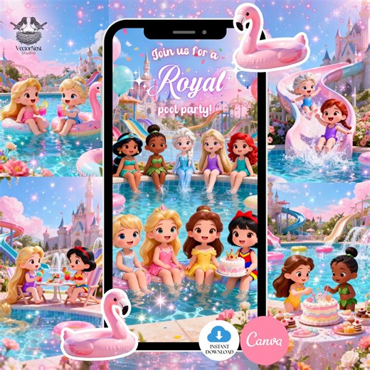 Princess Pool Party Birthday Video Invitation Waterpark Splash Animated Digital Editable Template - Etsy