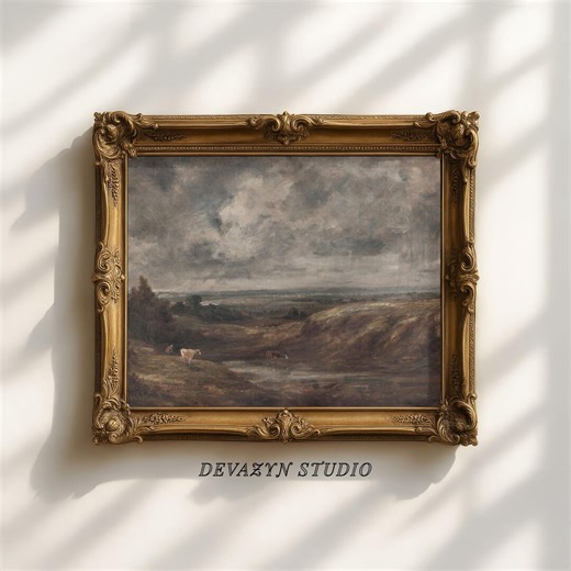 Moody Pastoral Landscape Oil Painting Print, Antique Meadow With Cows Wall Art, Dark Atmospheric Countryside Poster, Rustic Home Decor - Etsy