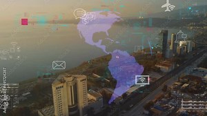 Modern city and technology concept. Smart city. Digital transformation. GUI Graphical User Interface. High quality 4k footage