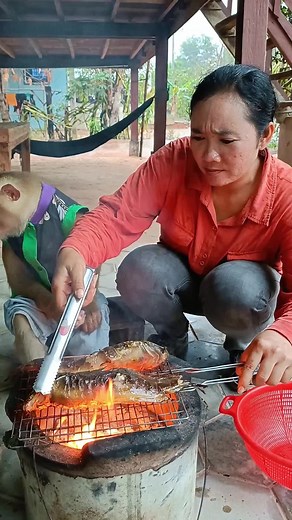 Monkey Help Mother Grilled Catfish At Home As Dinner