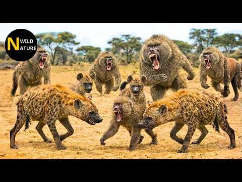 Scary! An Explosive Moment Unfolds As Baboons Aggressively Charge Toward Hyenas | Wild Animal Fights