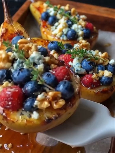 Honey-Glazed Roasted Pears with Berries, Walnuts & Blue Cheese