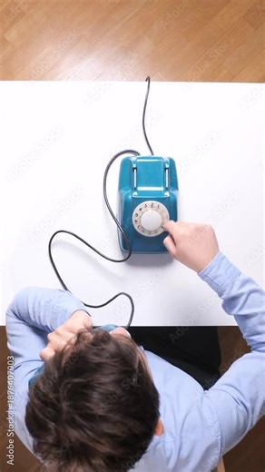 Vertical video man from top view dialing a blue retro rotary phone displaying concepts of communication, nostalgia, and connection in a timeless office setting