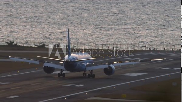 Footage of plane on the runway. Braking after landing, spoilers up. Sea background. People watching planes from the seashore