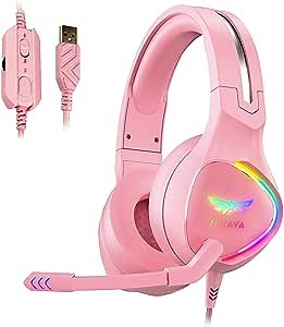K12 USB Gaming Headset for PC, PS5, 7.1 Surround Sound PS4 Headset with Noise Cancelling Microphone, Over-Ear Headphone with Soft Memory Earpads RGB LED Lights for Computer Laptop Mac(Pink)