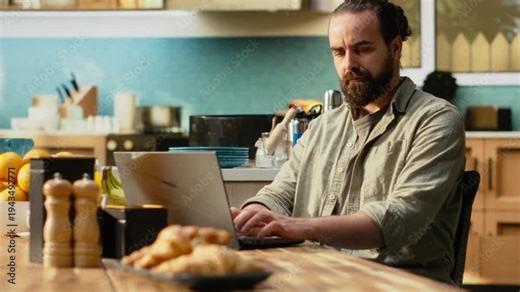 Disoriented man being preoccupied with task apprehension at home, struggling and frowning at laptop. Freelancer confused and uncertain trying to fix error, telework misunderstanding.