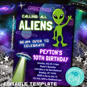 Ufo Alien Birthday Party Invitation Editable Template | Outer Space Spaceship Theme Greetings Aliens Out of This World Invite | Boy or Girl - Etsy