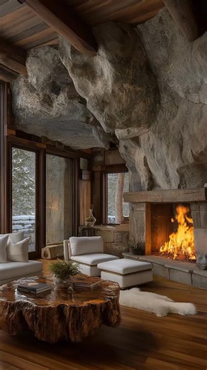  Stone Hearth Cabin Escape – Inspired by Montana’s Winter Woods ❄️️ Nature carved, fire warmed ❄ Step inside this breathtaking stone cabin living room, inspired by Montana’s snowy wilderness — where rugged rock walls meet pure winter serenity. #CabinWoven #WinterCabin #MontanaRetreat #FireplaceGoals #RusticLuxury #SnowyEscape #CabinLife #MountainLiving #CozyInteriors #StoneCabin #WinterVibes #WoodlandCharm | CabinWoven | Facebook