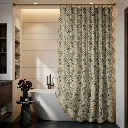 Cottage Floral Ruffle Shower Curtain | Scalloped Edge Botanical Bathroom Decor in Soft Neutrals & Sage Green Long Length - Etsy