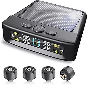 Tire Pressure Monitoring System, Tire Pressure Monitor System with Solar Charge,RV TPMS with 4 External sensors & 6 Alarm Modes, LCD Real-time Display, Auto OFF/ON Mode, 0-88PSI for Trailer/SUV/Trucks