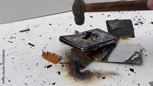 Broken phone. Hammer hitting the display breaks the mobile phone. Mobile smartphone with a broken screen. Drop Test. Hammer Durability. Hammer vs mobile display. Smashing the Phone. Breaking display.